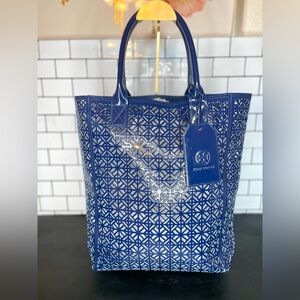 Tory Burch Laser Cut Navy Blue Tote with Luggage Tag